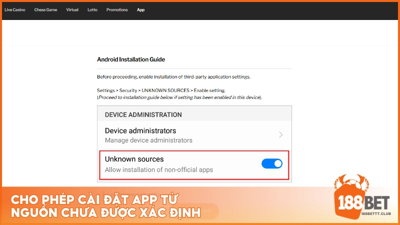 Hướng dẫn tải ứng dụng 188BET cho phép cài đặt từ nguồn chưa được xác định