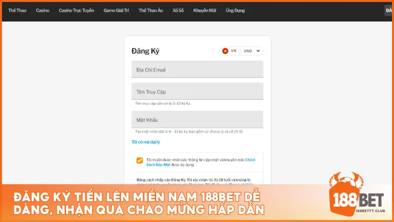 Đăng ký Tiến Lên Miền Nam 188BET dễ dàng, nhận quà chào mừng hấp dẫn