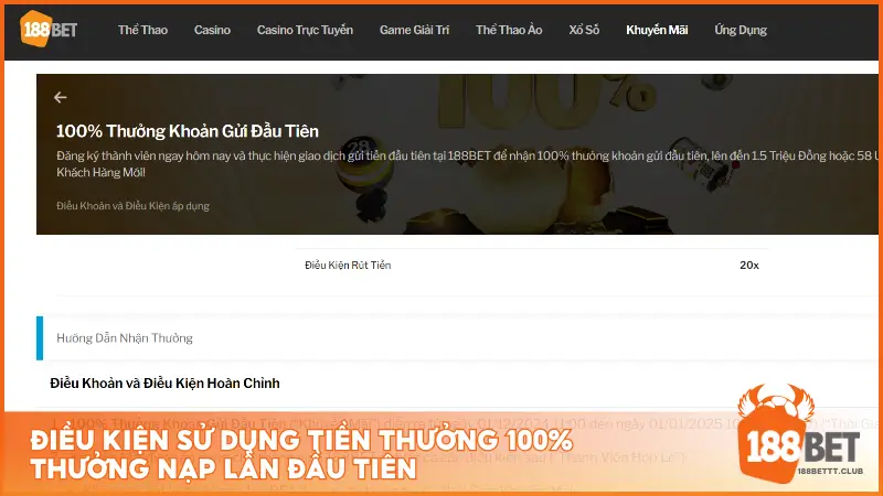 Điều kiện sử dụng tiền thưởng 100% thưởng nạp lần đầu tiên