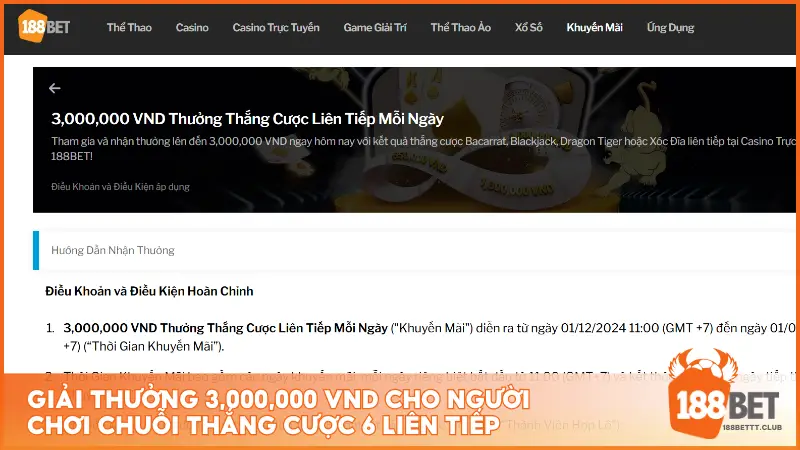 Giải thưởng 3,000,000 VND cho người chơi chuỗi thắng cược 6 liên tiếp