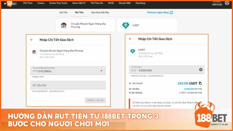Hướng dẫn rút tiền 188BET dễ dàng qua ngân hàng và tiền điện tử