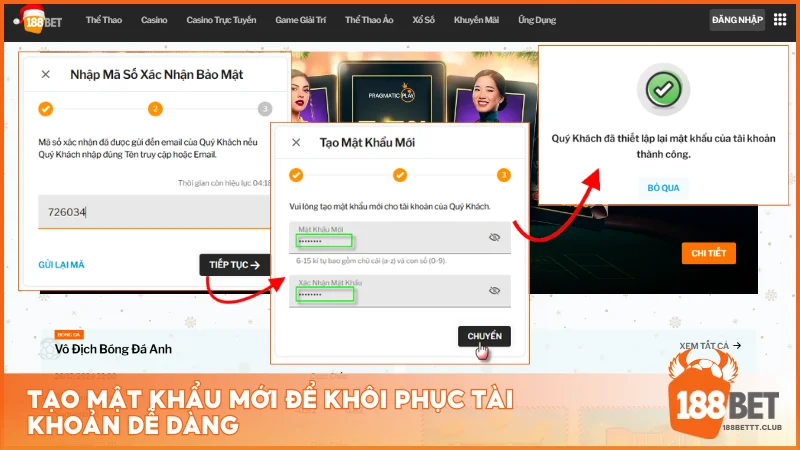 Tạo mật khẩu mới để khôi phục tài khoản 188BET dễ dàng