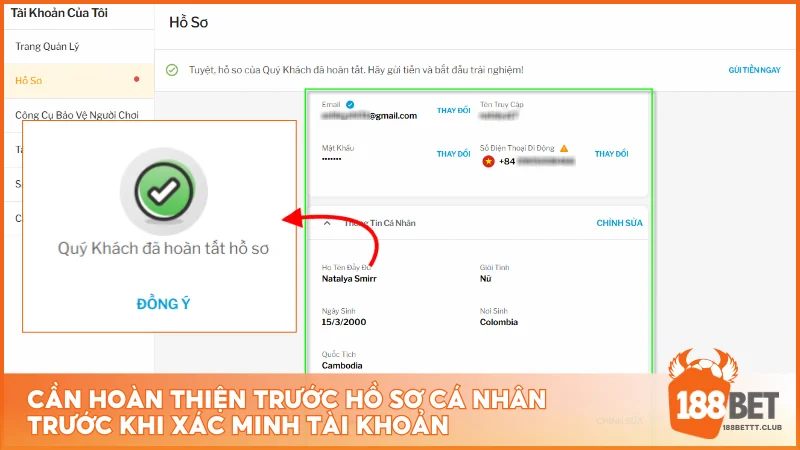 Người chơi cần cập nhật thông tin cá nhân trước khi thực hiện xác minh tài khoản 188BET